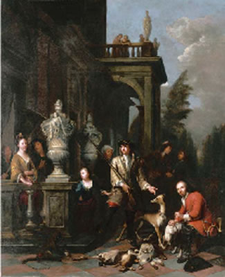 A family hunting group outside a Neoclassical mansion