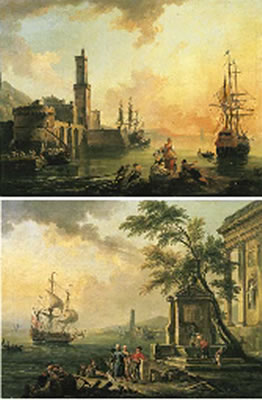 Fishermen and courtesans in a Mediterranean port at sunset; and Fishermen and Turkish merchants in a Mediterranean port and sunrise (a pair)