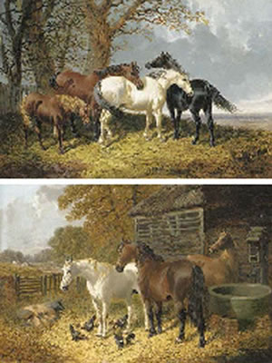 Horses sheltering under trees in a windswept landscape; and Horses, chickens, and a sow and piglets in a farmyard (pair)
