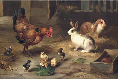 A hen with her chicks, and two rabbits in a stable by Edgar Hunt - Auction record, sale price, and art valuation. Compare with similar artists and explore comparable artworks.
