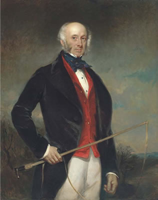 Portrait of Sir Charles Morgan Robinson Morgan, 1st Baron Tredegar, three-quarter-length, in a black coat and red waistcoat, holding a riding crop, in a landscape