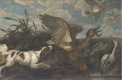 A spaniel chasing a bittern, with a heron and duck, in a landscape by Francis Barlow - Auction record, sale price, and art valuation. Compare with similar artists and explore comparable artworks.