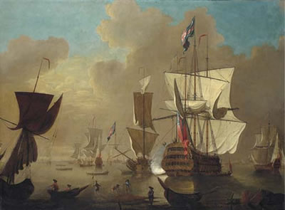 A first rate man-o'war, firing a salute from her position within an offshore anchorage