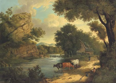 View near Knaresborough, with cattle and figures by a river