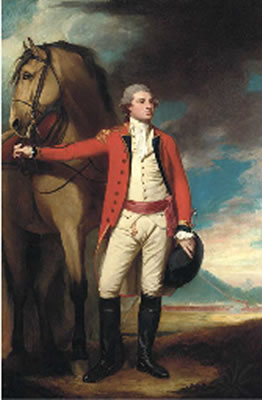 Portrait of Major James Hartley, full-length, in uniform, holding his horse, a formation of soldiers near a mountain beyond