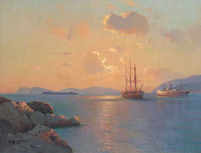 Two ships at sunset by Aleksei Vasilievich Von Hanzen - Auction record, sale price, and art valuation. Compare with similar artists and explore comparable artworks.