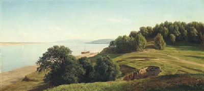 A river landscape with a boat moored at shore