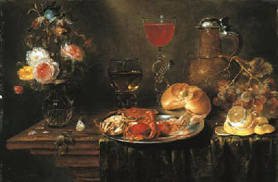 Roses and iris in glass vase, crabs and prawns on pewter platter