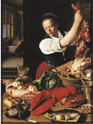 A kitchen interior with a maid preparing meat and gentlemen drinking at a table beyond
