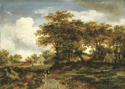 A wooded landscape with peasants and a village