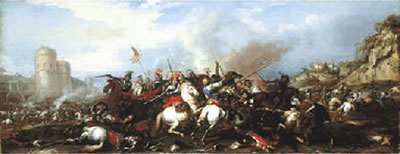A cavalry battle with a castle beyond