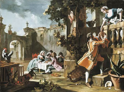 An elegant children's tea-party in the forecourt of an Italian villa with a young man passing a joint of meat to a woman standing on a balcony above