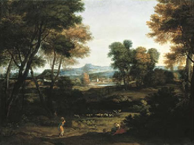 An Italianate landscape with washerwomen and a shepherd and a church spire beyond