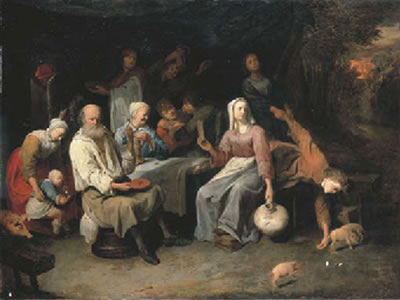 Peasants merrymaking around a table with a wooded evening landscape beyond