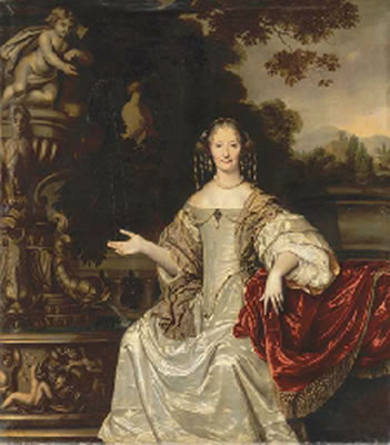 Portrait of Cornelia Reynst (1615-1708), seated, three-quarter-length, in a white silk dress with a gold-embroidered shawl and pearl earrings, necklace and head-dress, in a garden by a fountain by Pieter Nason - Auction record, sale price, and art valuation. Compare with similar artists and explore comparable artworks.