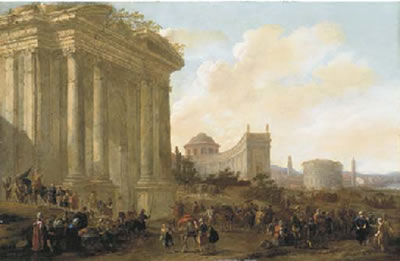 A capriccio of classical architecture in a town with soldiers and oriental merchants, a bridge and mountains beyond