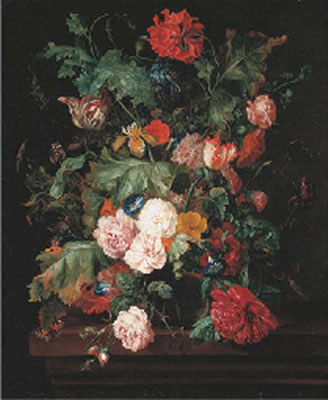 Roses, a lily and convulvulus in a glass vase, with two red admiral butterflies and a caterpillar, on a wooden ledge