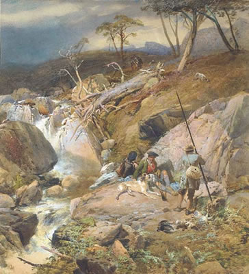 A Highland burn with an angler conversing with two gillies other sportsmen can be seen approaching from the distance