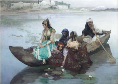 An oriental noblewoman and her entourage on a barge