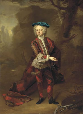 Portrait of Thomas Osborne (1713-1789), Earl of Danby, later 4th Duke of Leeds and 3rd Viscount Dunblane, full-length, in highland costume, with a targe, a sword and a pistol beside him, in a landscape