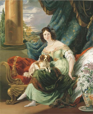 Portrait of Charlotte, Countess de la Bourdonnaye (1795-1875), full-length, in a green dress, seated on a day bed on a terrace, a dog on her lap, before a draped curtain, with an extensive landscape beyond by George Hayter - Auction record, sale price, and art valuation. Compare with similar artists and explore comparable artworks.