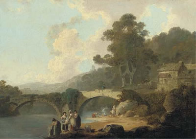Rosewell Castle, North Wales, with washerwomen in the foreground and a bridge beyond