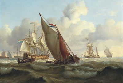 Busy shipping lanes off a harbour with a three-masked Dutch merchantman hove-to to take on the pilot