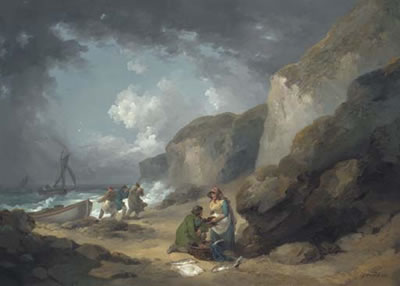 A coastal scene with fisherfolk on the shore