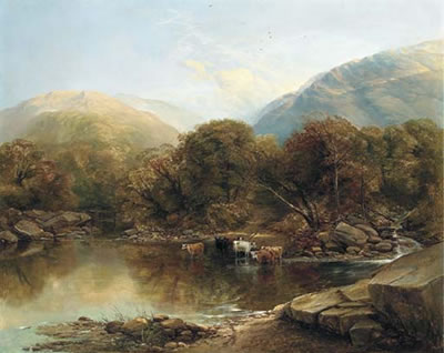 'Afternoon': Cattle watering by a lake in a mountainous landscape