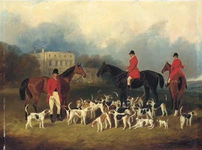 Group portrait of Augustus Cranley Onslow, Master of the Hampshire Hunt Hounds, N. Cox, Huntsman and George Cox., Whipper in, with horses and hounds, Upton House, Alresford, Hampshire, beyond