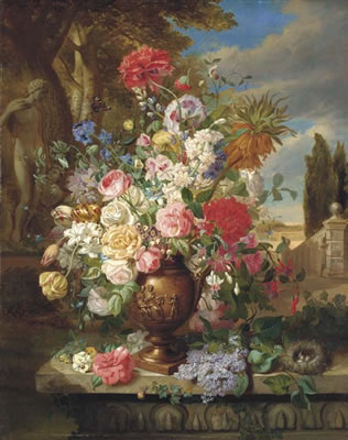 Roses, lillies, tulips, poppies and other flowers in a vase in a classical garden