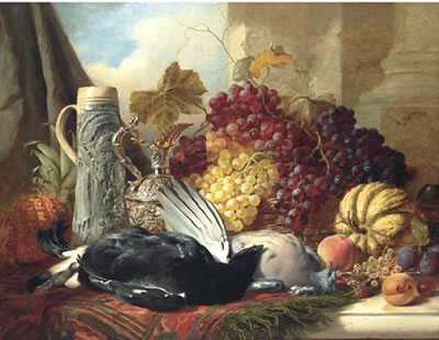Still life of black cock, wood pigeon, a stein, silver gilt claret jug and red grapes, a gourd, peaches, plums, whitecurrants and raspberries on a marble ledge