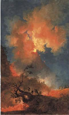 Vesuvius erupting at night seen from the foothills, with elegant onlookers, a view of the Bay of Naples beyond