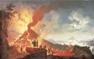 Vesuvius erupting at night with onlookers, the bay of Naples beyond