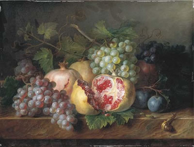 Pomegranates, grapes and plums with a snail and a caterpillar on a marble ledge