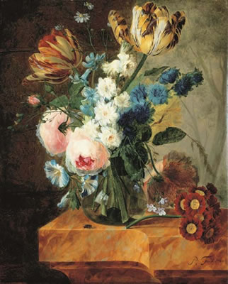 Tulips, roses, morning glory, campanulas and other flowers in a glass vase with primulas on a marble ledge, a wooded landscape beyond