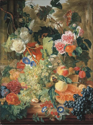 Green grapes on the vine with morning glory,pink and white hollyhocks, walnuts, a pomagranata, raspberries, and other fruit, a small Tortoiseshell butterfly and other insects with a landscape with birch trees beyond