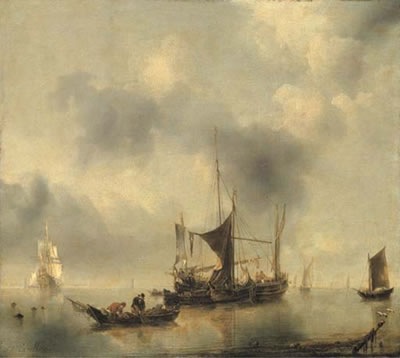 A kaag and a smak in a calm, with fishermen pulling in their catch from a rowing-boat in the foreground, a Dutch frigate and other boats beyond