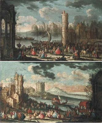 A capriccio of a Mediterranean port with stevedores unloading cargo from a ship and elegant townsfolk promenading; and A capriccio of a Mediterranean coastal town with elegant townsfolk and passengers in a barge; a pair (2)