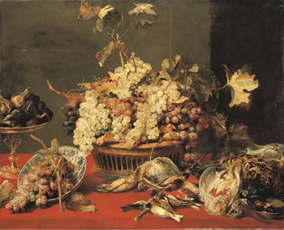Grapes in a basket and in a Wan-li 'Kraak' porselein bowl with figs in a tazza on a red draped ledge with a woodcock, pheasants, a partridge and other birds