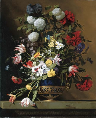 Chrysanthemums, tulips, irises, peonies and other flowers in a lapis vase with gilt ormolu on a sculpted stone ledge