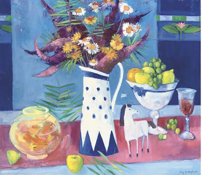 Still life with jug of flowers and goldfish by Mary Gallagher - Auction record, sale price, and art valuation. Compare with similar artists and explore comparable artworks.