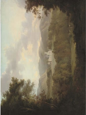 View of Dreghorn Castle, Midlothian, with figures and a hay cart in the foreground