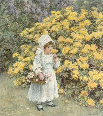 Little girl carrying a basket of flowers before an azalea bush