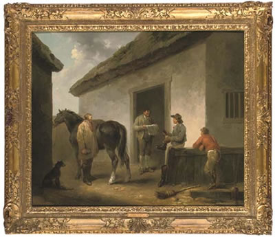 Reading the News: Horse and grooms outside a stable by George Morland - Auction record, sale price, and art valuation. Compare with similar artists and explore comparable artworks.
