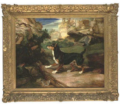 A terrier, stoat and dead rabbit in a rocky landscape