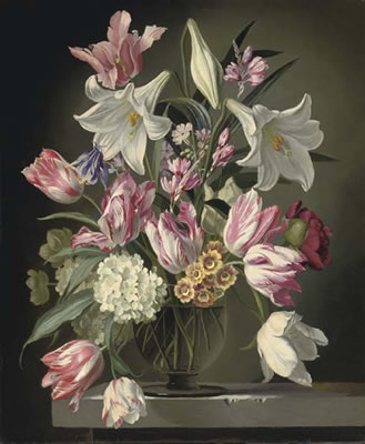 Lilies and tulips in a glass vase