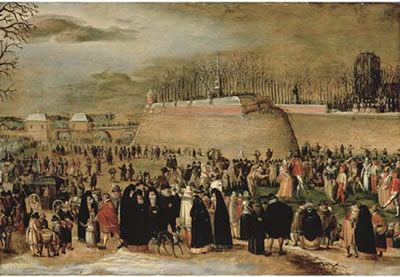 A winter carnival with figures on the ice before the Kipdorppoort Bastion in Antwerp