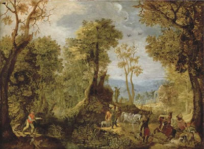 Hunters in a wooded landscape with a village and an extensive landscape beyond