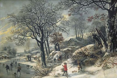 A frozen river landscape with huntsmen and skaters